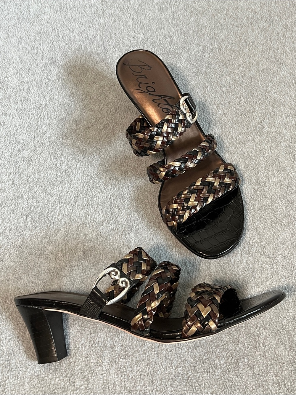 Brighton Braided Triple-Strap Heeled Sandals in Black and Bronze 7.5 Narrow